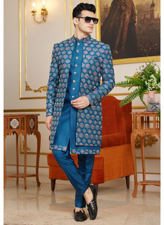 Art Silk Aqua Blue Wedding Wear Thread Work Readymade Indo Western Sherwani